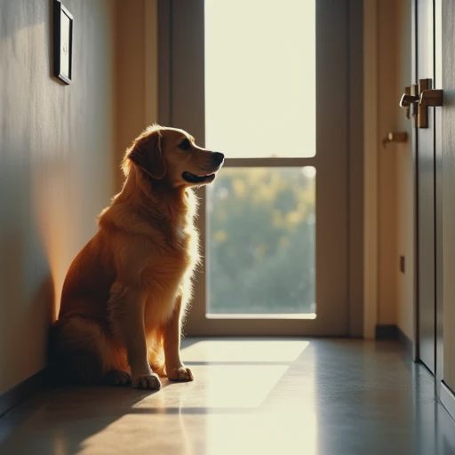 A golden retriever (Noodle) is sitting quietly one meter away from the elevator door.
