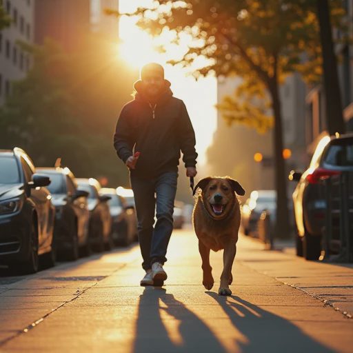 A person is walking a large, cheerful dog along a tree-shaded street.