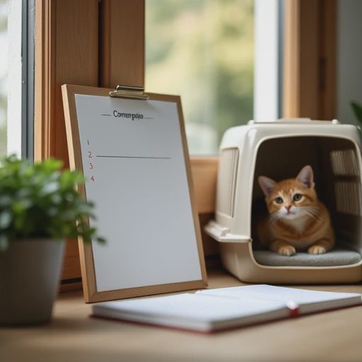 A memo or note listing clear communication points is placed in the image, alongside a pet cat carrier positioned securely.