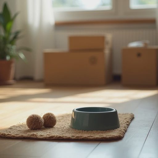An old mat, a water bowl, and toys are neatly arranged on the ground.