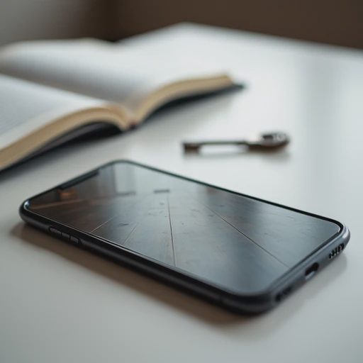 A smartphone with a broken screen placed on the table.