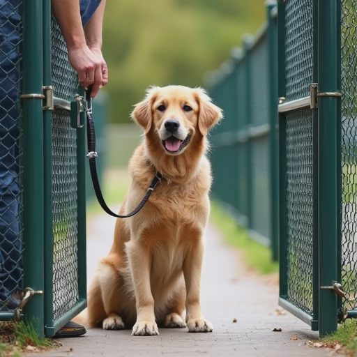 A golden retriever (Noodle) is obediently standing in the buffer zone, waiting.