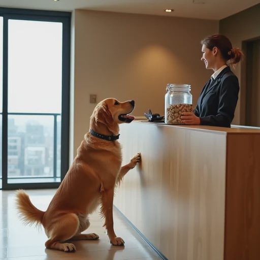 A uniformed front desk staff member smiles while bending down to greet a golden retriever standing in front of the counter and wagging its tail.