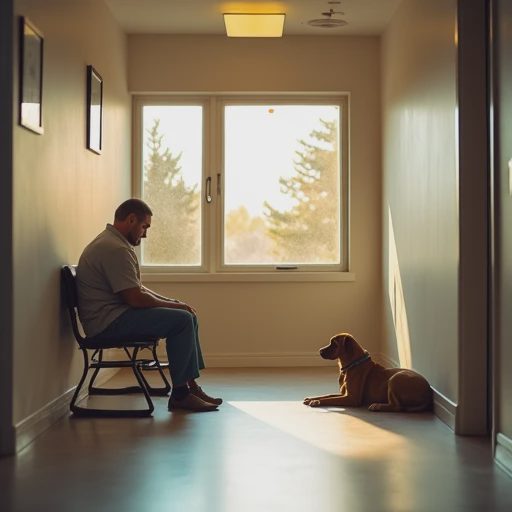 The master sits on the bench, and a puppy sits quietly opposite him.