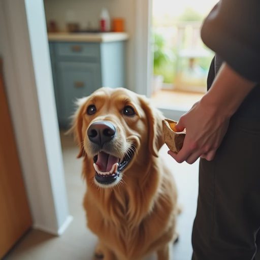 A Golden Retriever named Noodle, with a haughty yet slightly expectant expression, is looking up at the camera.