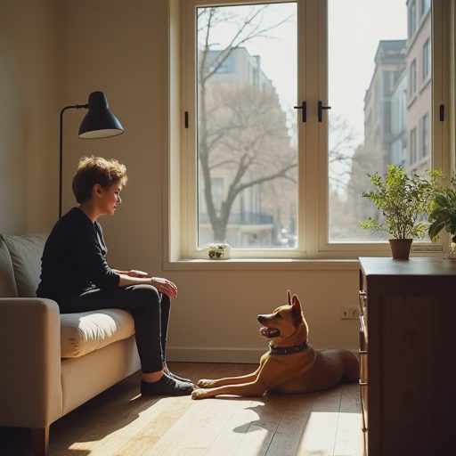 Beside a rustic wooden coffee table, the owner sits in the sunlight while a well-trained, calm pet dog lies quietly at their feet.