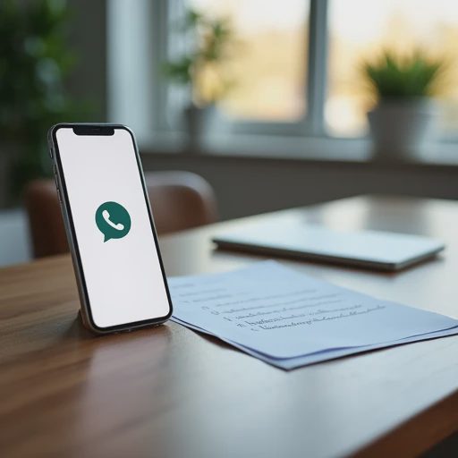 A smartphone in an active call is placed beside it, and a memo note listing specific questions lies on the table.