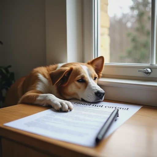 A raw-wood desk holds an open rental contract and a pen, with a pet dog resting peacefully beneath the adjacent window.