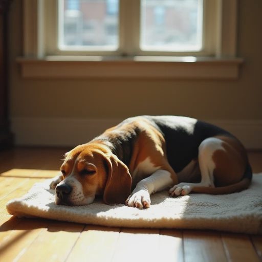 A gentle, elderly beagle is peacefully sleeping on a hardwood floor covered with an old blanket.