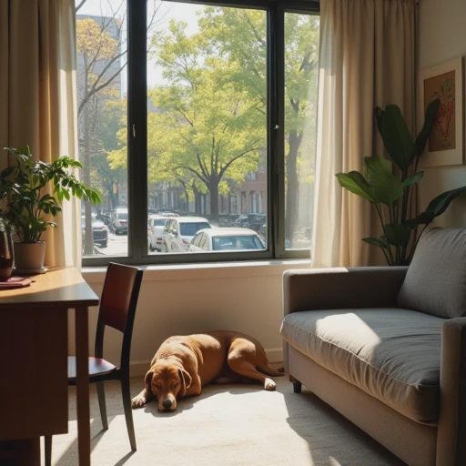 Next to a raw-wood coffee table or desk, a pet dog is lying quietly on the floor.