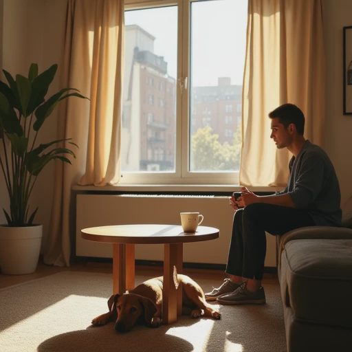 Next to a rustic wooden coffee table, the owner is sitting in the sunlight sipping coffee, while the pet dog rests quietly at their feet.