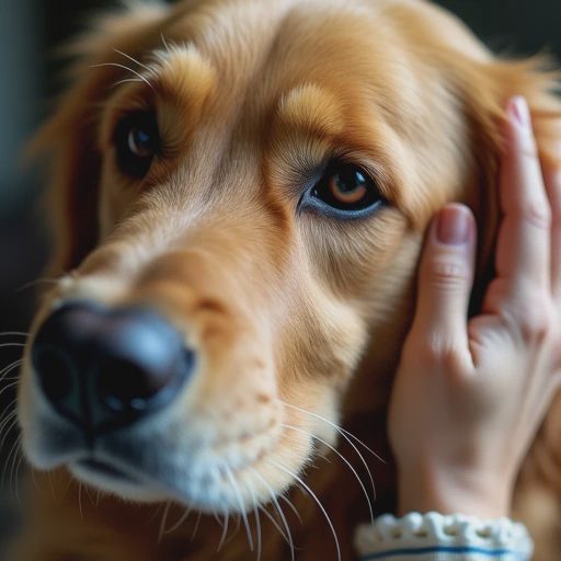 A hand gently rests on the head of the nearby Golden Retriever (Noodle) as a gesture of comfort.