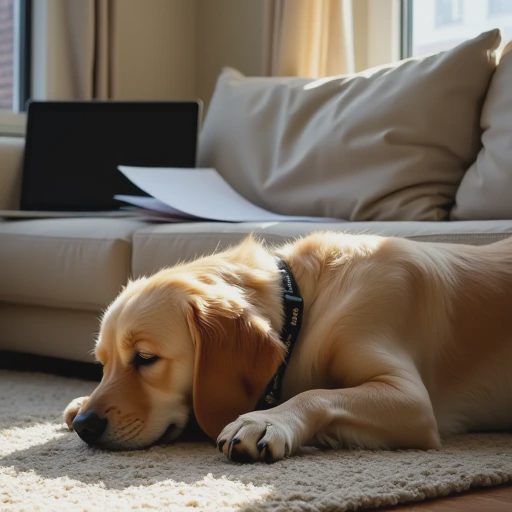 An adult golden retriever (Noodle) wearing a collar is dozing off on the rug beneath the sofa.