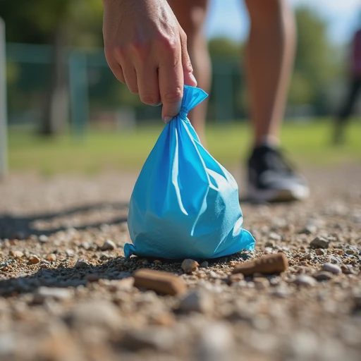 A hand wearing a blue pooper scooper bag reaches down to the ground and precisely picks up a small, inconspicuous piece of feces.