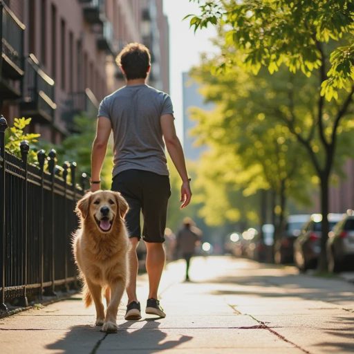 On a bright morning, a renter is walking down a New York City street with a happy dog .