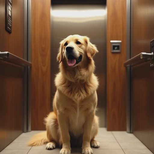 Golden Retriever (Noodle) sits naturally facing the elevator door.