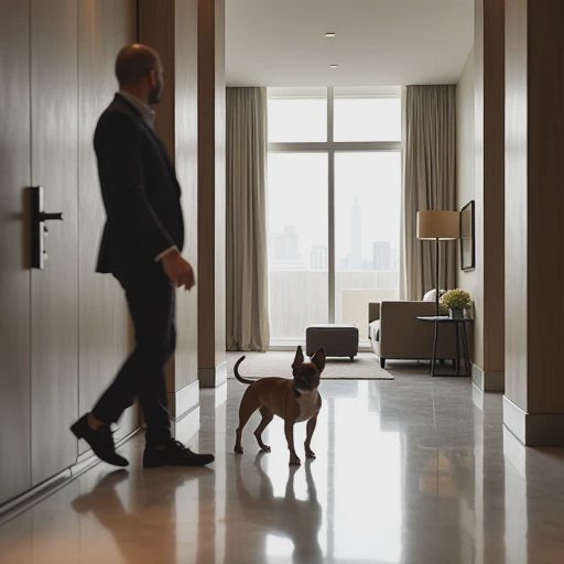 A resident is walking slowly across a clean, polished floor with a focused dog (such as a French Bulldog).