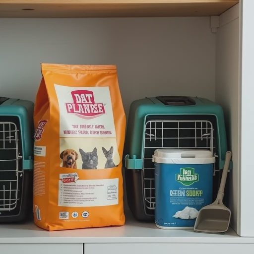 Two large bags of pet food placed side by side, and two different airline-approved pet carriers.