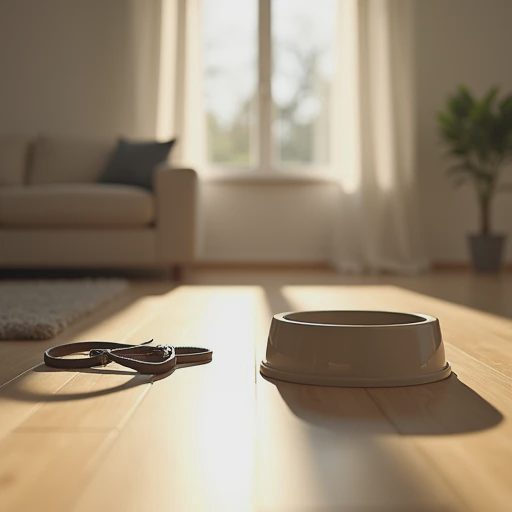 Sunlight falls on the light-colored hardwood floor, where a pet’s travel water bowl and a leash sit quietly on the ground.