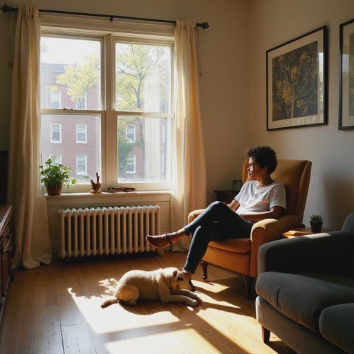 The master is relaxing on a wooden chair by the window, while the pet dog lies quietly at their feet.