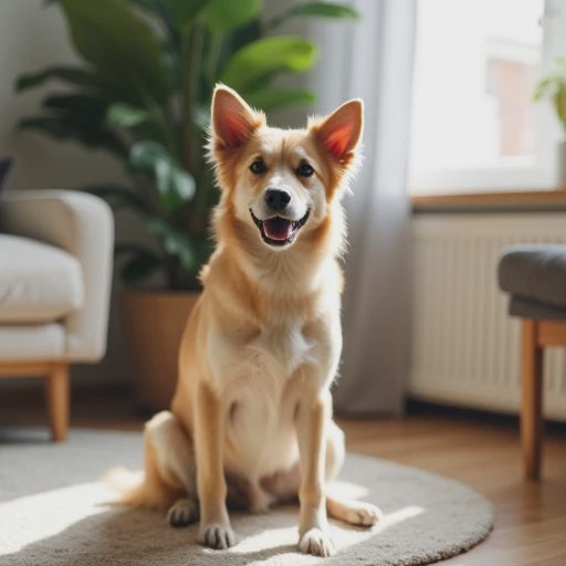 A well-trained, calm pet dog is sitting naturally in the center of a carpeted living room.