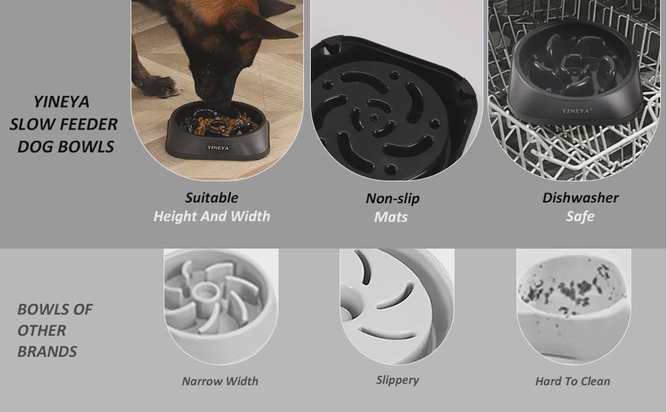 YINEYA slow feeder dog bowls with other brands, highlighting key features like suitable width, non-slip base, and dishwasher safety.
