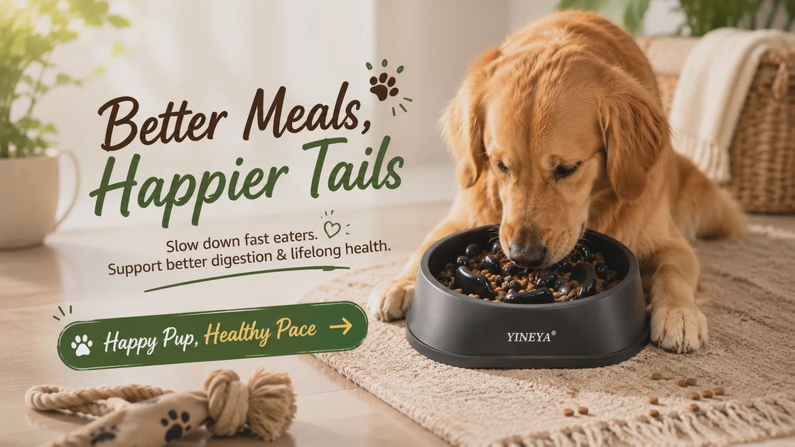 A golden retriever eating from a YINEYA slow feeder bowl, with promotional text reading "Better Meals, Happier Tails."