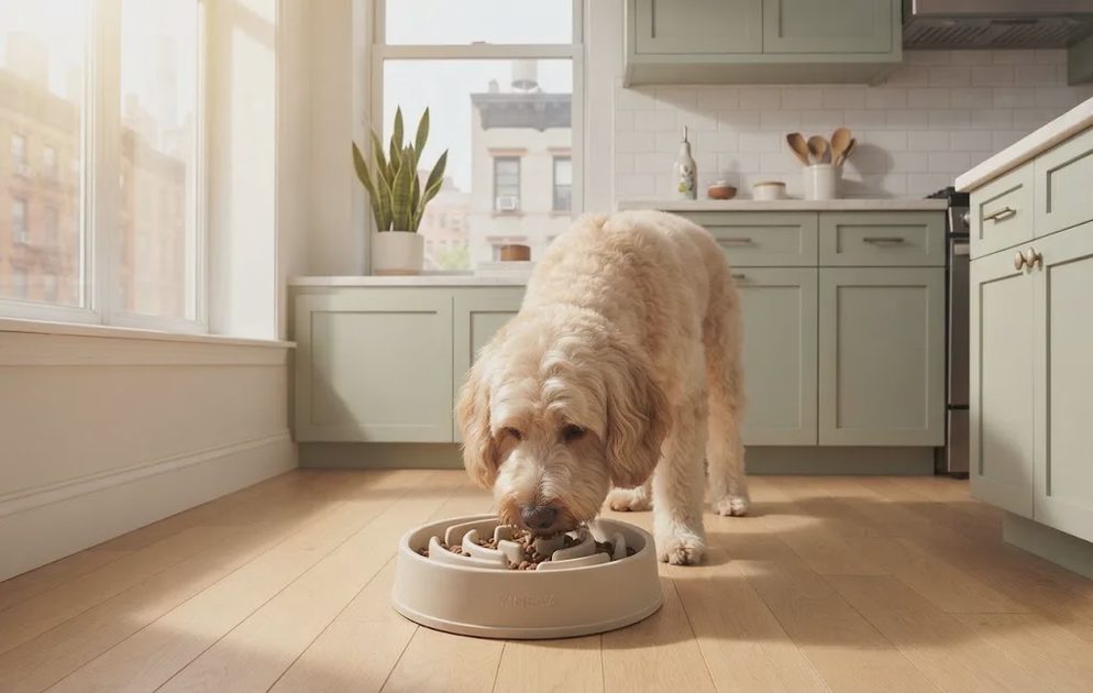 A real photo of a fluffy golden doodle dog eating from a slow feeder bowl in a cozy, sunlit apartment kitchen.