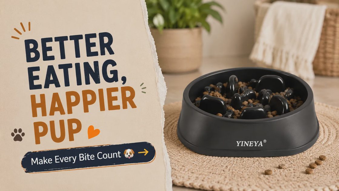 A product image showing a black YINEYA slow feeder dog bowl filled with kibble, next to text reading "Better Eating, Happier Pup."