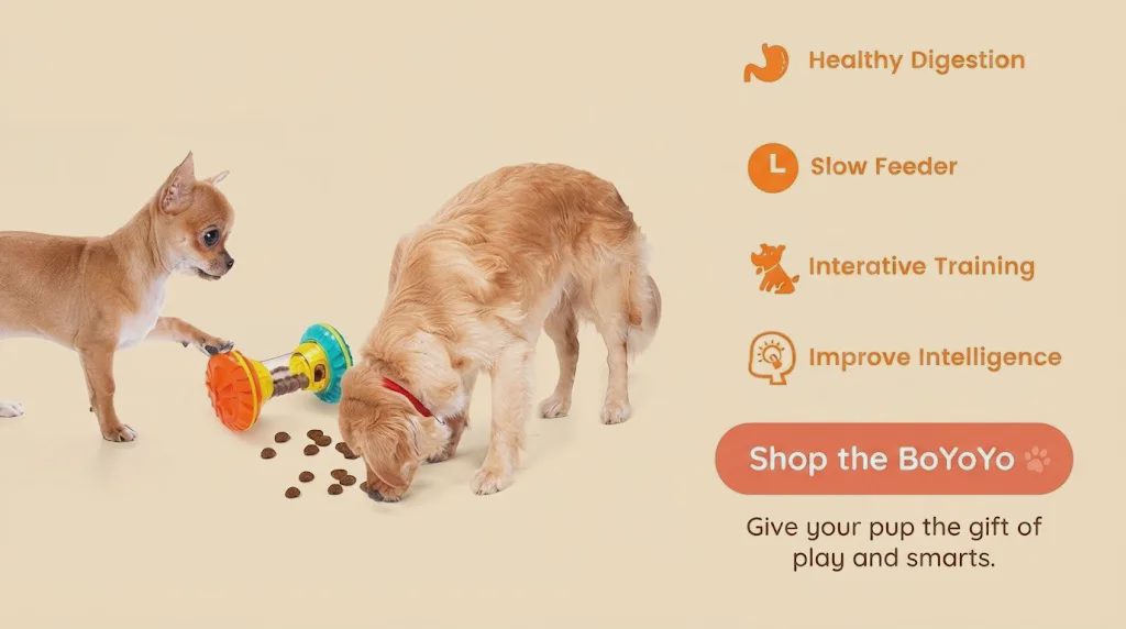 A Golden Retriever and a Chihuahua interact with an interactive dog puzzle toy on a cream background, surrounded by icons for healthy digestion, slow feeding, and intelligence training.
