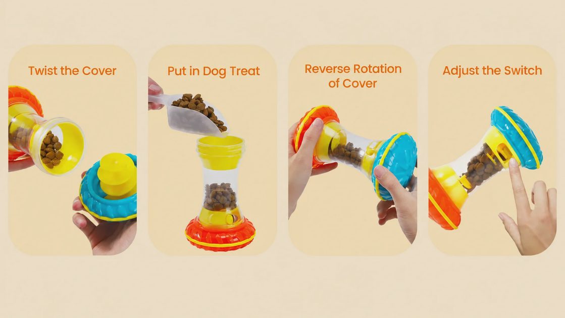 A four-panel instruction guide showing how to open, fill, close, and adjust the BoYoYo dog treat puzzle toy.