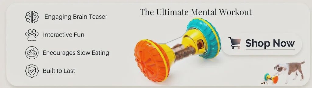 An e-commerce banner for the 'BoYoYo' dog puzzle toy, featuring its features: brain teaser, fun, slow eating, and durability, with a shopping link.
