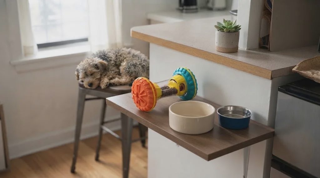 A small, curly-haired terrier-mix dog peacefully asleep on a metal stool in a sunlit kitchen corner, beside a wooden shelf holding a dog puzzle toy and food bowls.