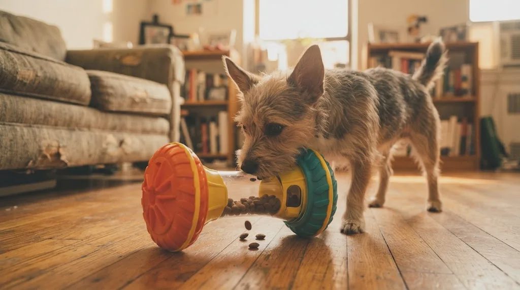 A wire-haired terrier mix dog playing with a yellow BoYoYo barbell-shaped treat puzzle toy on a cozy New York apartment's hardwood floor.