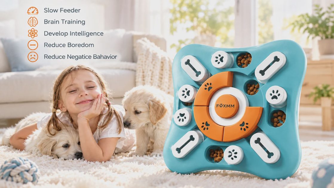 A young girl with pigtails smiles while lying on a rug next to two golden retriever puppies and a teal and orange dog treat puzzle toy.