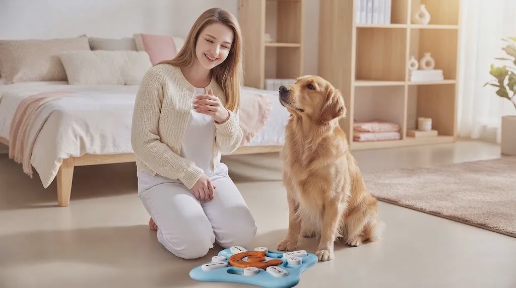 A smiling woman kneels on a bedroom floor with her golden retriever dog, playing with an interactive treat puzzle toy.