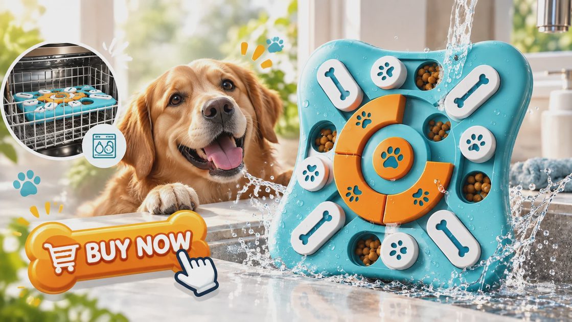 A close-up product photo of a blue and orange interactive dog puzzle toy, with a happy Golden Retriever puppy in the background and a 'BUY NOW' button.