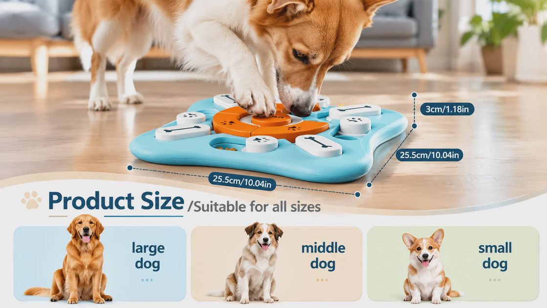 An infographic showing a dog playing with a blue and orange puzzle toy, with product size measurements and illustrations of large, middle, and small dogs.