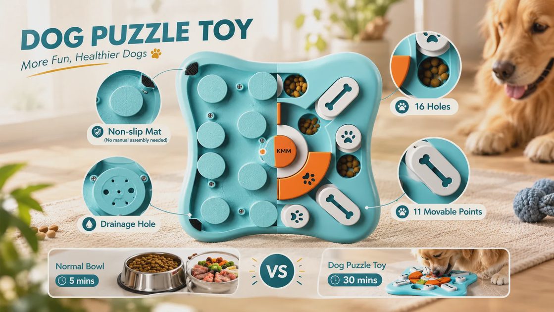 A product infographic for an interactive dog puzzle toy, displaying features, a comparison to a normal bowl, and a dog playing with it.